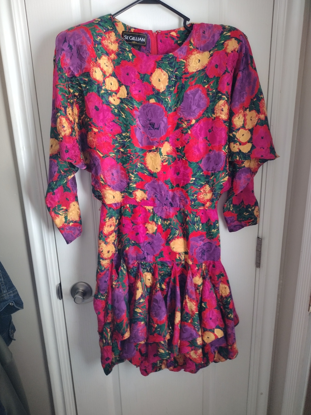 St.Gillian Vibrant Pink, Purple & Yellow Floral Tiered Mini Dress Silk Vintage
